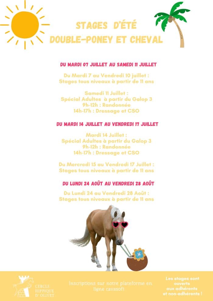 Visuel de l’événement « Stages d'équitation double poney et cheval au Cercle Hippique d'Olivet »