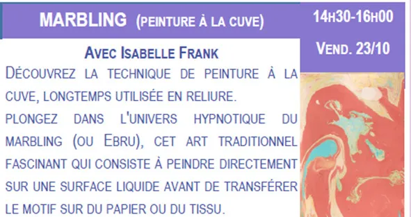 Visuel de l’événement « Atelier marbling avec Isabelle Frank »
