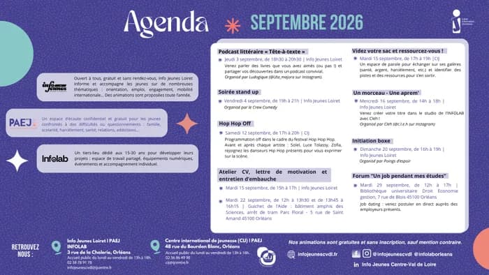 Visuel de l’événement « Agenda septembre 2026 - Info Jeunes Loiret / PAEJ »
