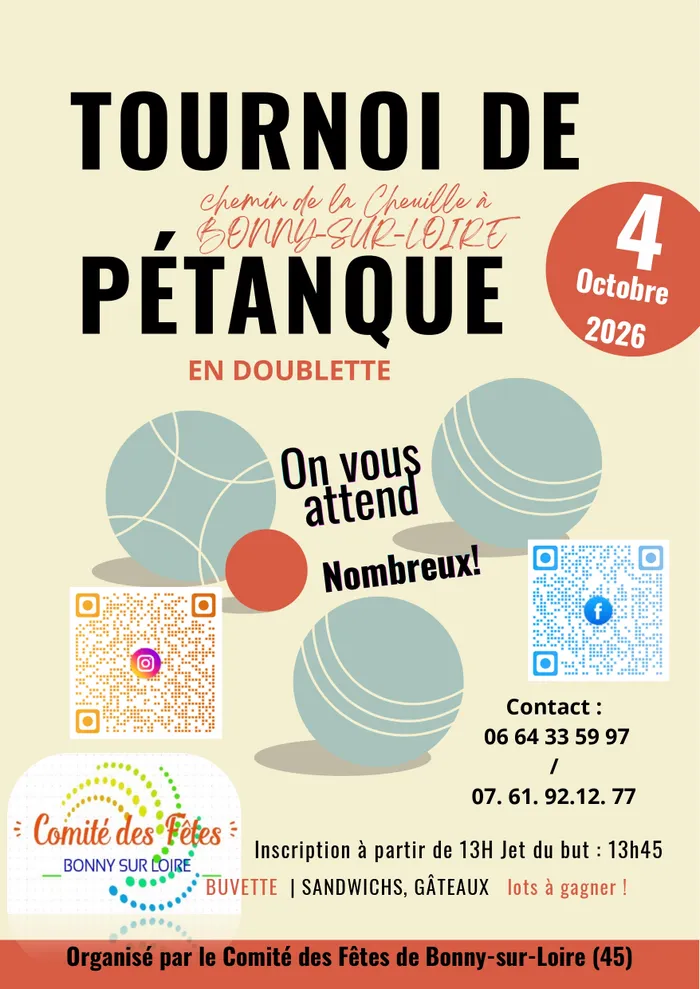 Visuel de l’événement « TOURNOI DE PÉTANQUE AMICAL ET GRATUIT, en doublette, 
à Bonny sur Loire (45) le 4 octobre 2026 »