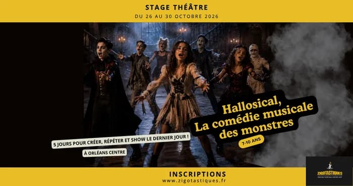 Visuel de l’événement « Stage 7-10 ans : Hallosical, la comédie musicale des monstres – Du 26 au 30 octobre 2026 »