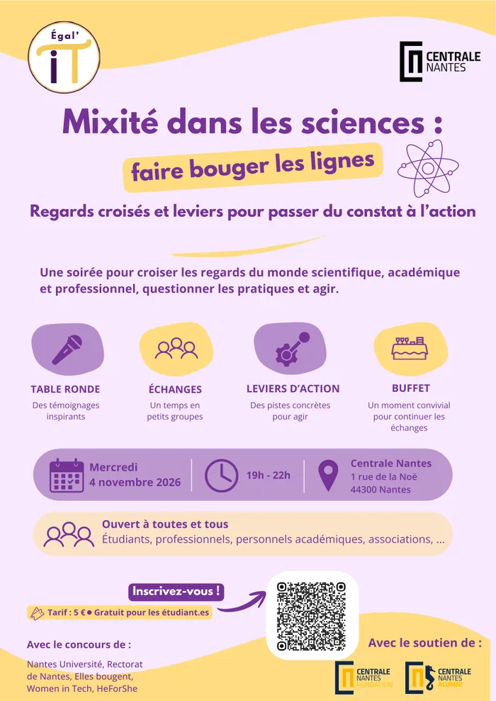 Visuel de l’événement « Mixité dans les sciences : faire bouger les lignes ! - Soirée Centrale Nantes et Égal'iT »